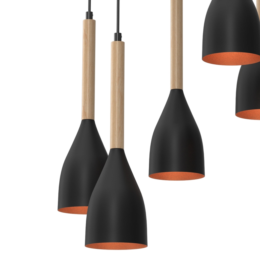 Ljuskrona med textilsladd MUZA 5xE27/15W/230V svart/beige/koppar/bok