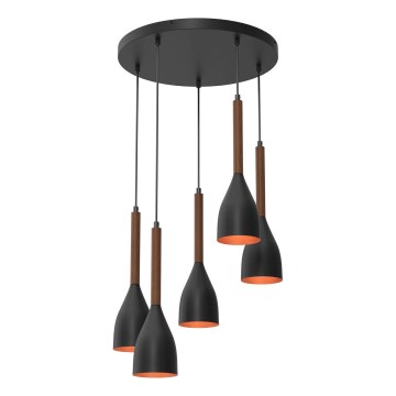 Ljuskrona med textilsladd MUZA 5xE27/15W/230V svart/brun/koppar/bok