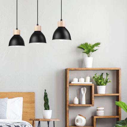 Ljuskrona med textilsladd NICO 3xE27/60W/230V svart/bok