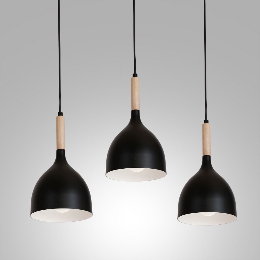 Ljuskrona med textilsladd NOAK WOOD 3xE27/15W/230V svart/bok