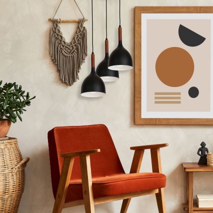 Ljuskrona med textilsladd NOAK WOOD 3xE27/15W/230V svart/bok