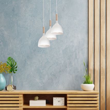 Ljuskrona med textilsladd NOAK WOOD 3xE27/15W/230V vit/bok