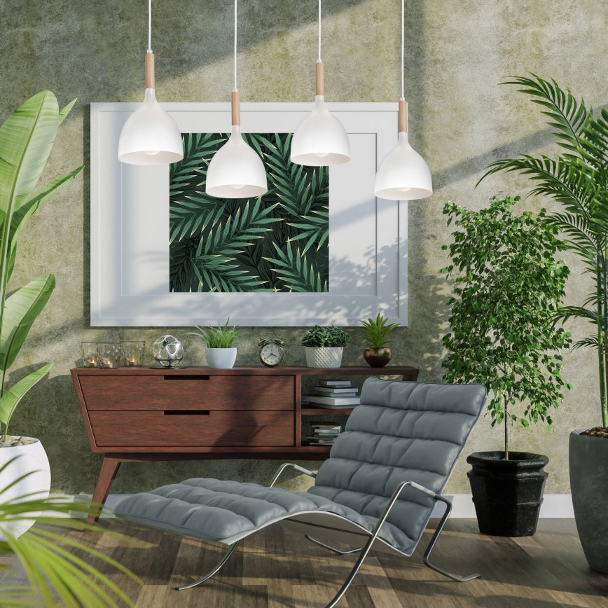 Ljuskrona med textilsladd NOAK WOOD 4xE27/15W/230V vit/bok