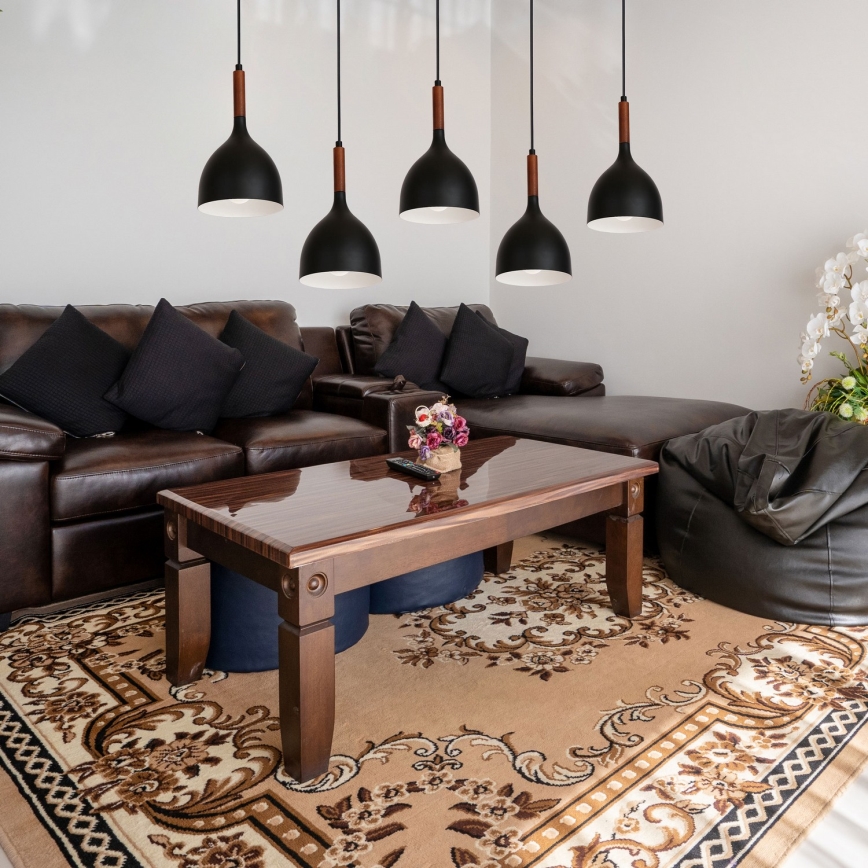 Ljuskrona med textilsladd NOAK WOOD 5xE27/15W/230V svart/bok