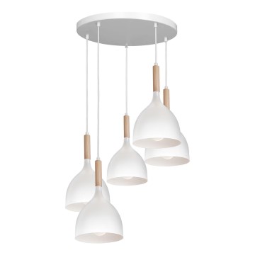 Ljuskrona med textilsladd NOAK WOOD 5xE27/15W/230V vit/bok