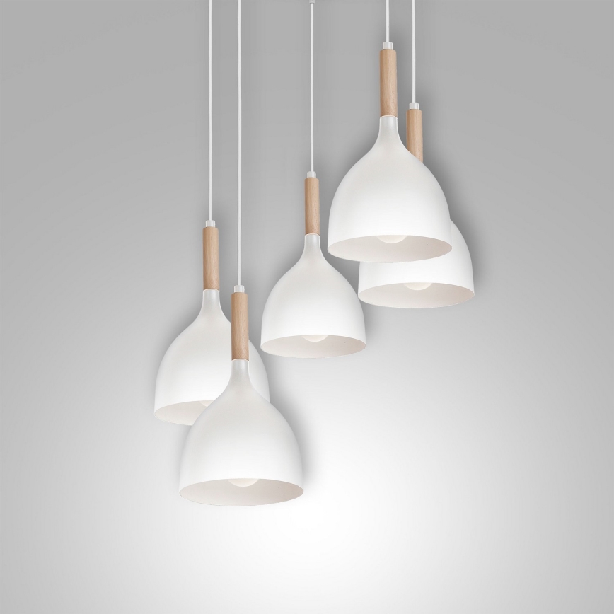 Ljuskrona med textilsladd NOAK WOOD 5xE27/15W/230V vit/bok