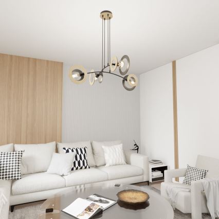 Ljuskrona med textilsladd SKIVA 4xE27/15W/230V svart/beige