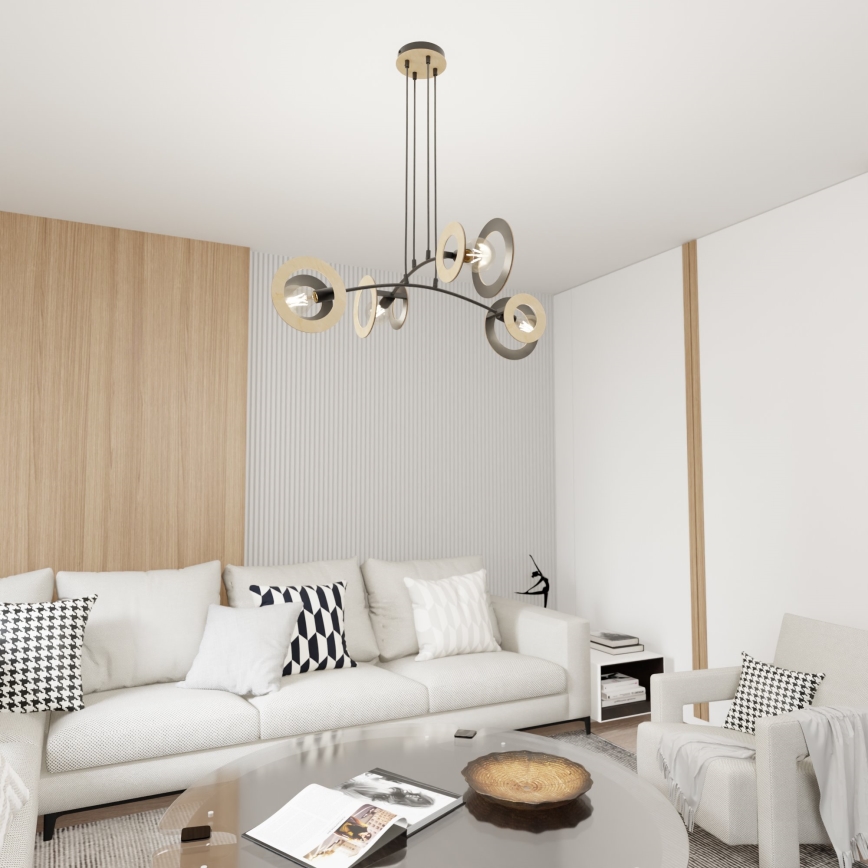 Ljuskrona med textilsladd SKIVA 4xE27/15W/230V svart/beige