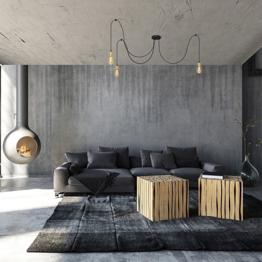 Ljuskrona med textilsladd TUBE 3xE27/10W/230V spindel svart/guld