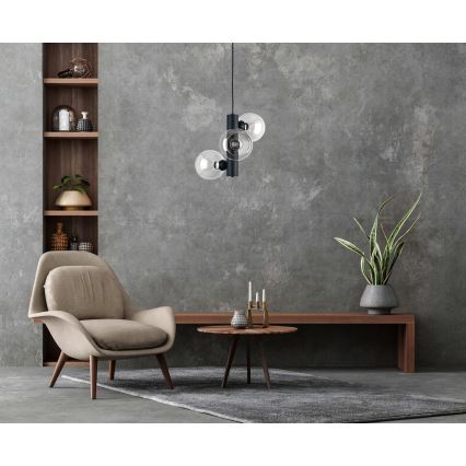 Ljuskrona med textilsladd TUBE 3xE27/60W/230V svart/genomskinlig