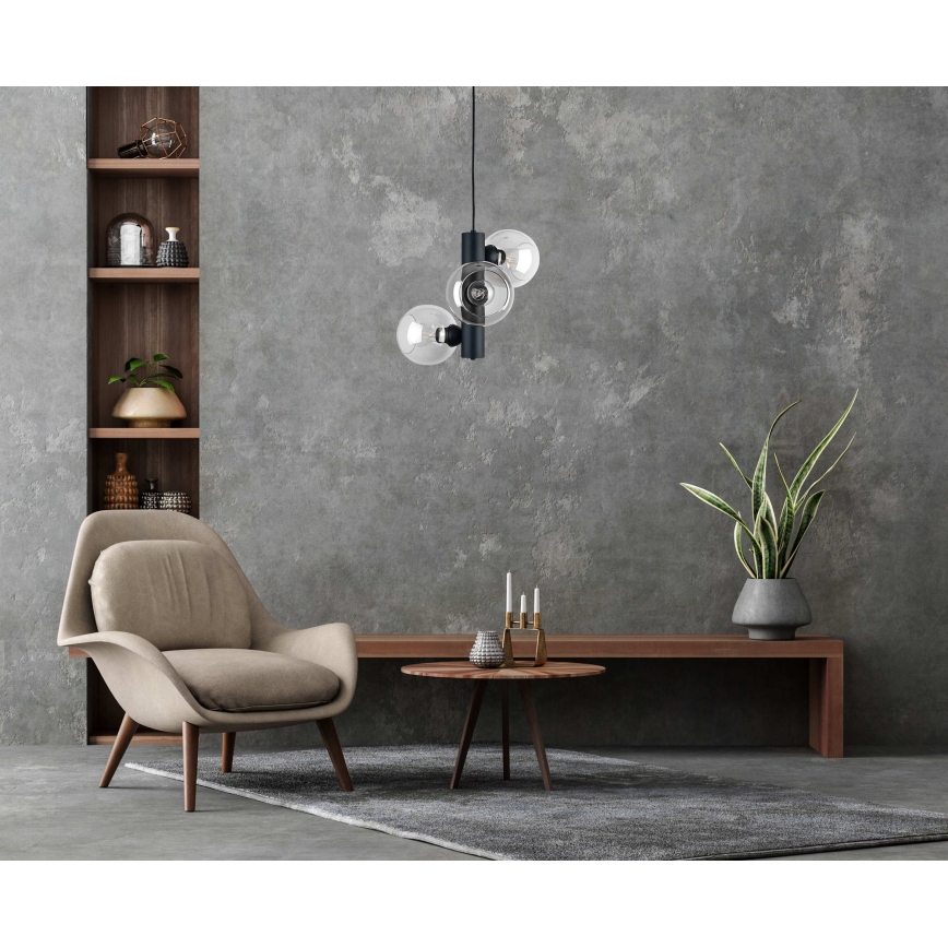 Ljuskrona med textilsladd TUBE 3xE27/60W/230V svart/genomskinlig