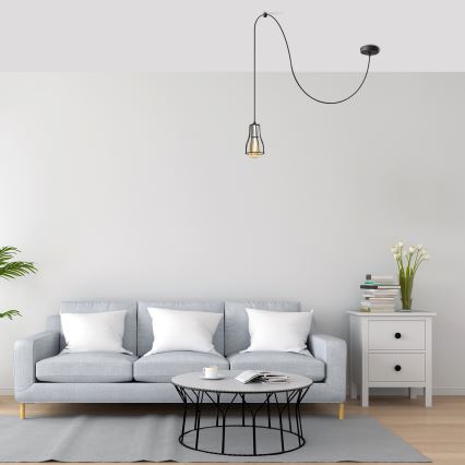 Ljuskrona med textilsladd TUBE LONG 1xE27/15W/230V svart/skinande krom