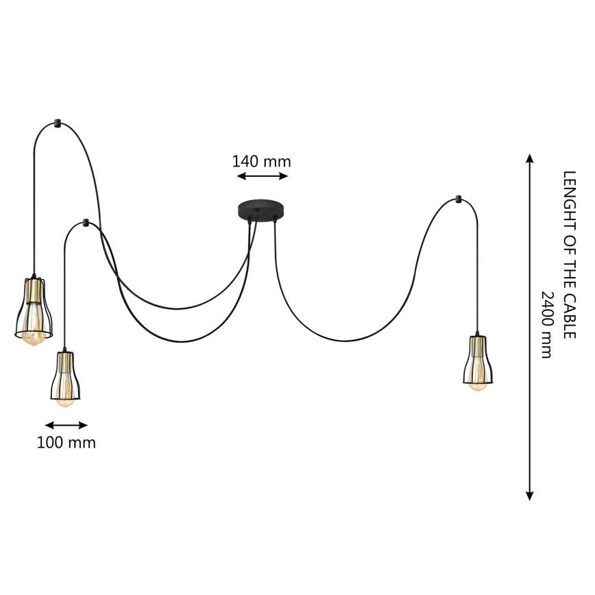 Ljuskrona med textilsladd TUBE LONG 3xE27/15W/230V svart/guld