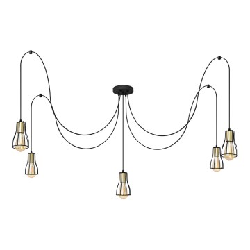 Ljuskrona med textilsladd TUBE LONG 5xE27/15W/230V svart/guld