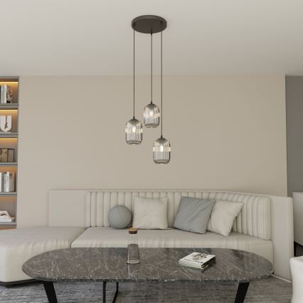 Ljuskrona med textilsladd VERDI 3xE27/15W/230V diameter 30 cm svart/grå