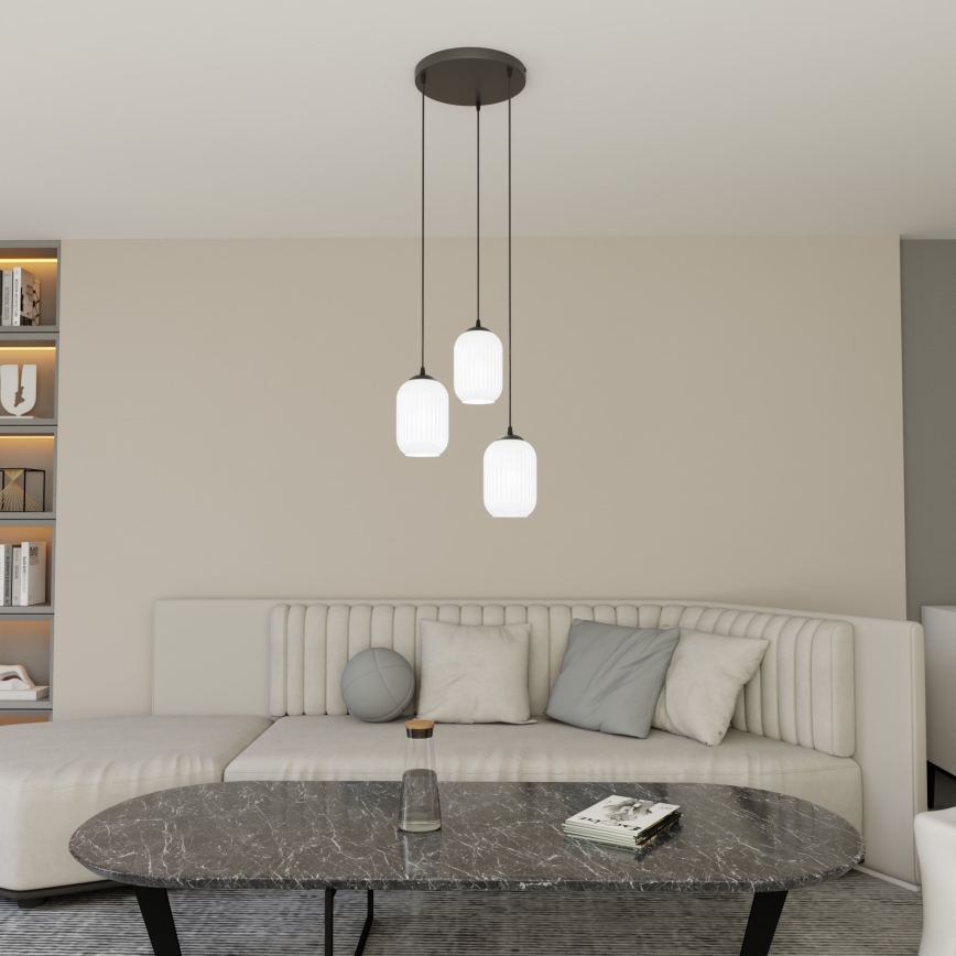 Ljuskrona med textilsladd VERDI 3xE27/15W/230V diameter 30 cm svart/vit