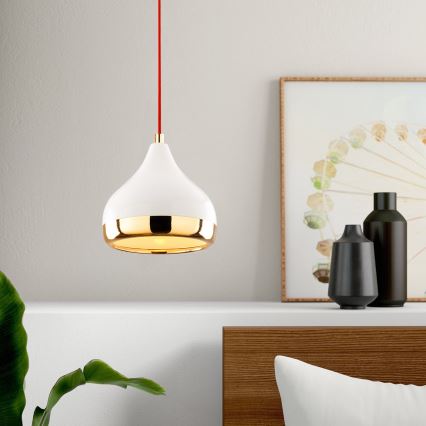 Ljuskrona med textilsladd YILDO 1xE27/40W/230V vit/guld/röd