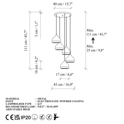 Ljuskrona med textilsladd YILDO 5xE27/40W/230V vit/guld