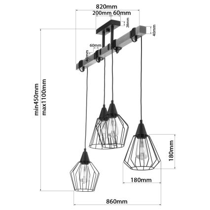 Ljuskrona med upphängningsrem CAMEROON 4xE27/60W/230V svart/trä