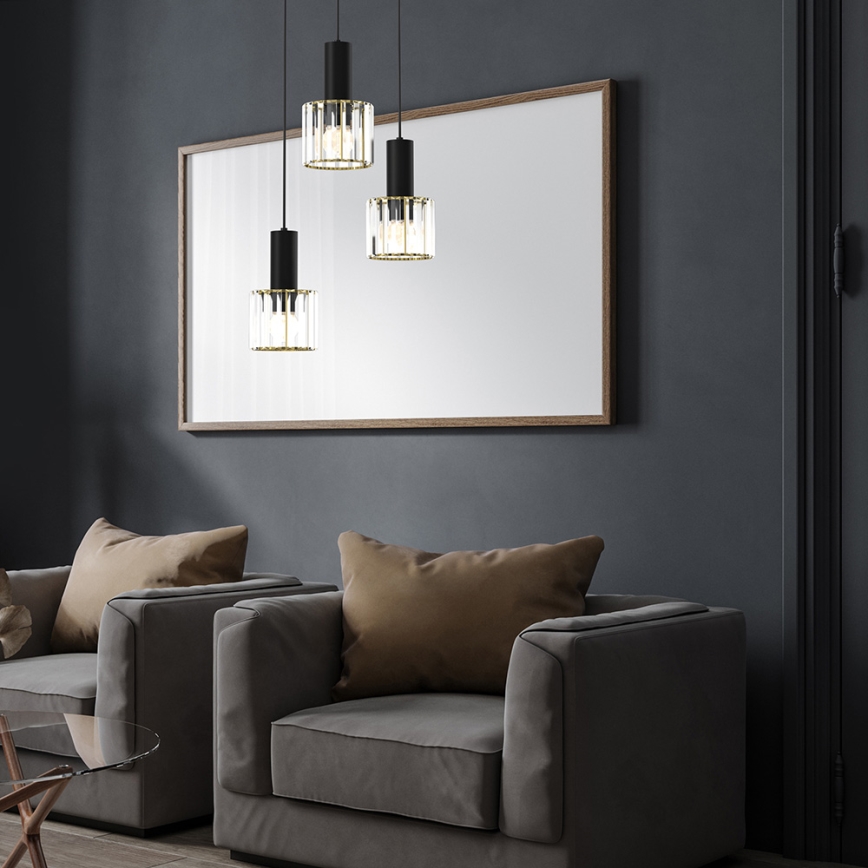 Ljuskrona med upphängningsrem CRISTAL 3xE27/60W/230V svart