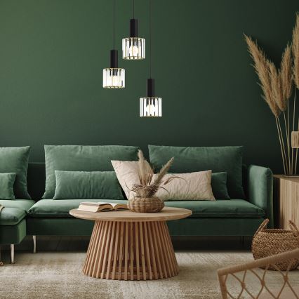 Ljuskrona med upphängningsrem CRISTAL 3xE27/60W/230V svart