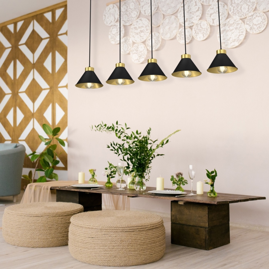 Ljuskrona med upphängningsrem DEMET 5xE27/60W/230V svart/gyllene
