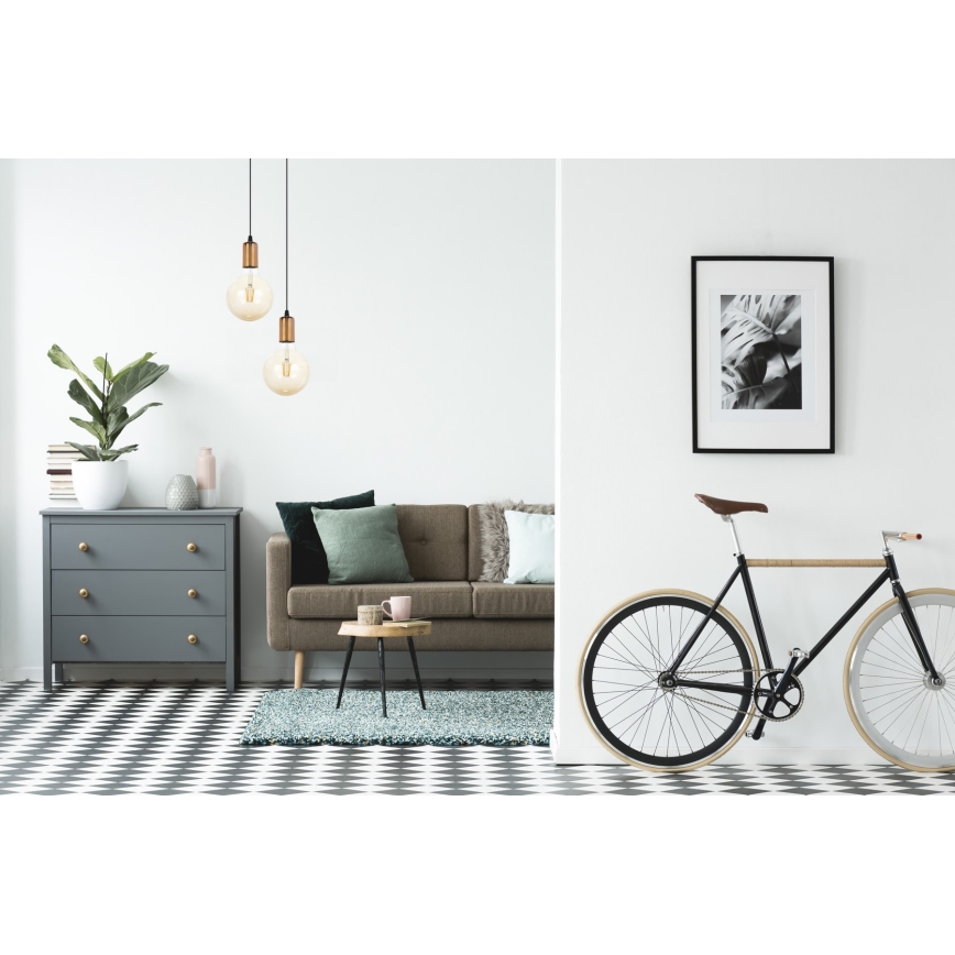 Ljuskrona med upphängningsrem MIROS 2xE27/60W/230V rund svart/koppar