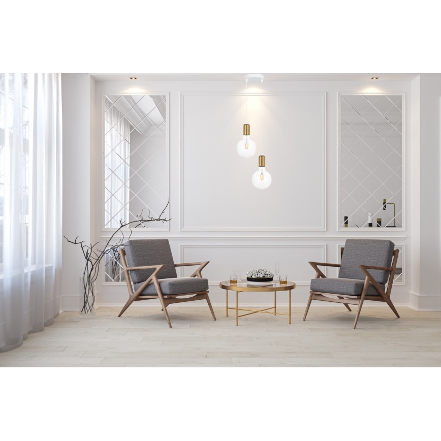 Ljuskrona med upphängningsrem MIROS 2xE27/60W/230V rund vit/gyllene