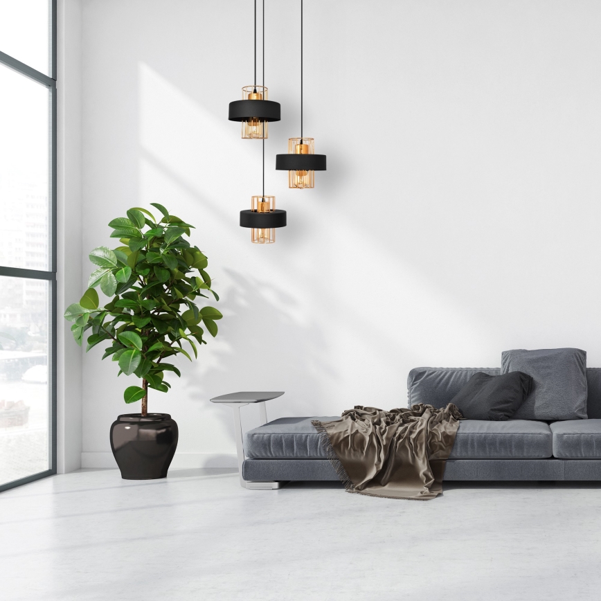 Ljuskrona med upphängningsrem VOLTA 3xE27/15W/230V svart/gyllene