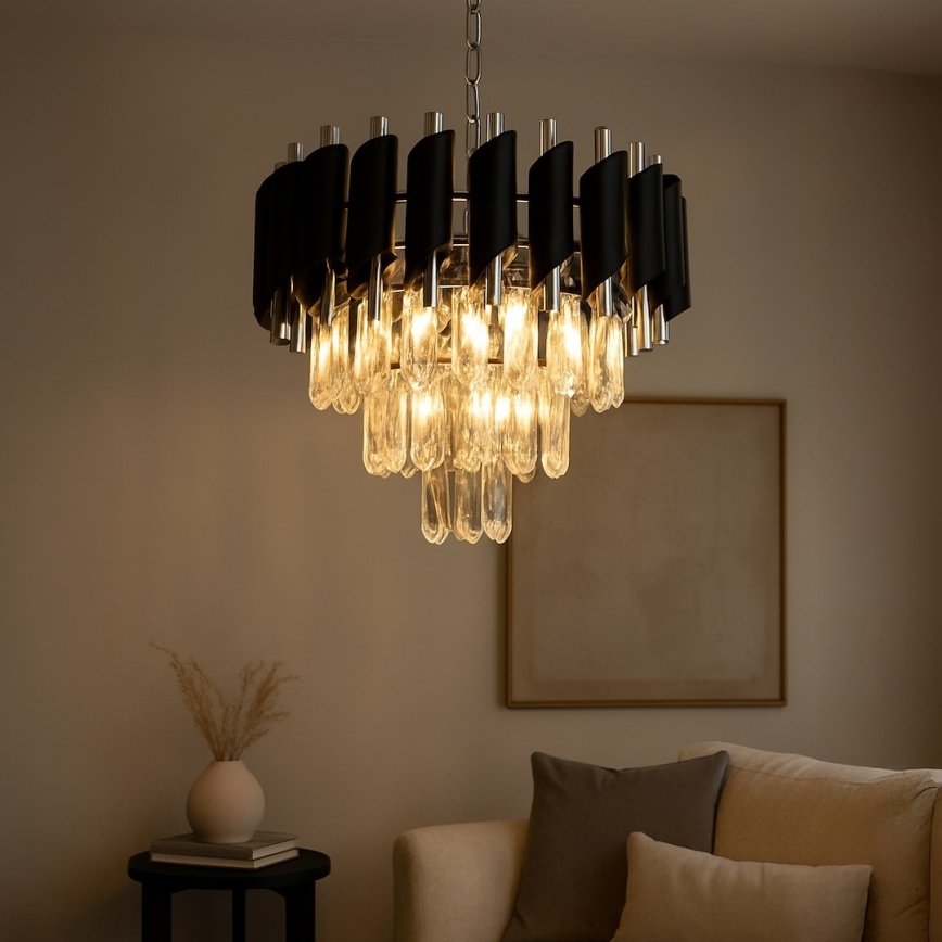 Ljuskrona på kedja CRISTAL 5xE14/10W/230V Ø 38 cm svart/mattkrom