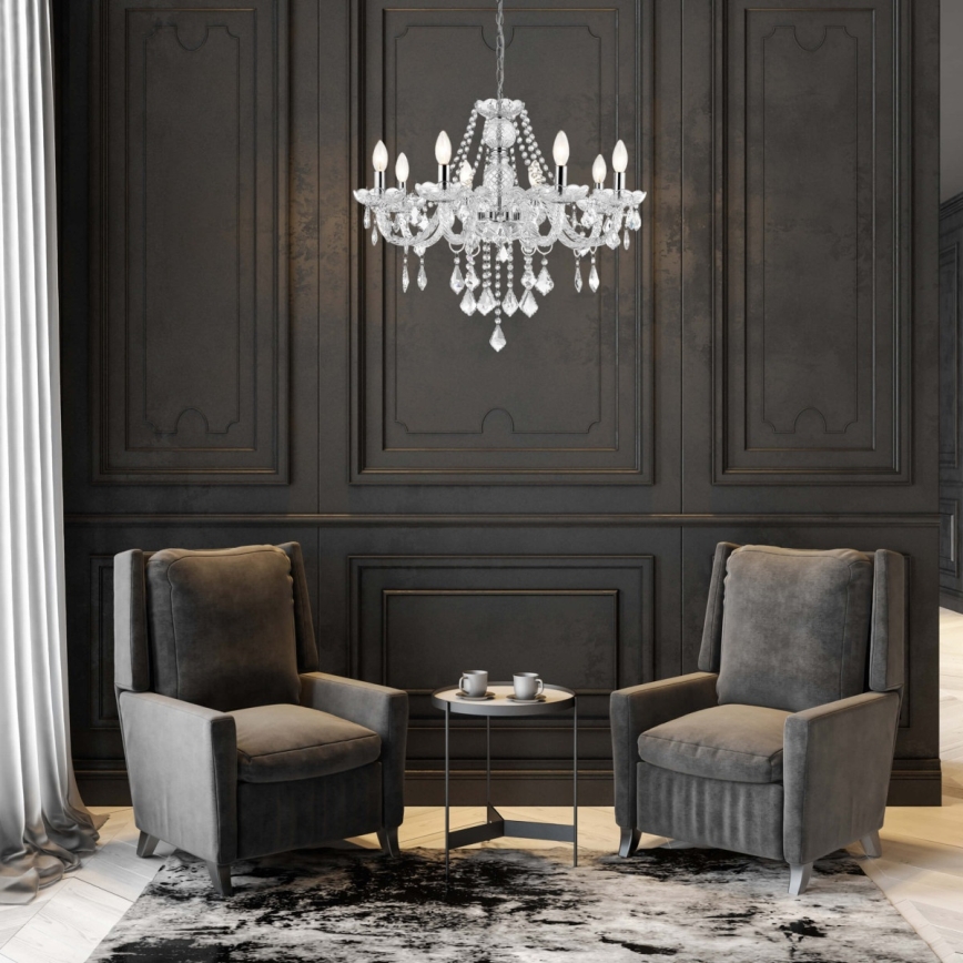 Ljuskrona på kedja CRISTALLO 8xE14/60W/230V i blank krom