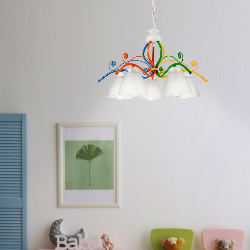 Ljuskrona på kedja RETRO 5xE27/60W/230V vit/färgrik