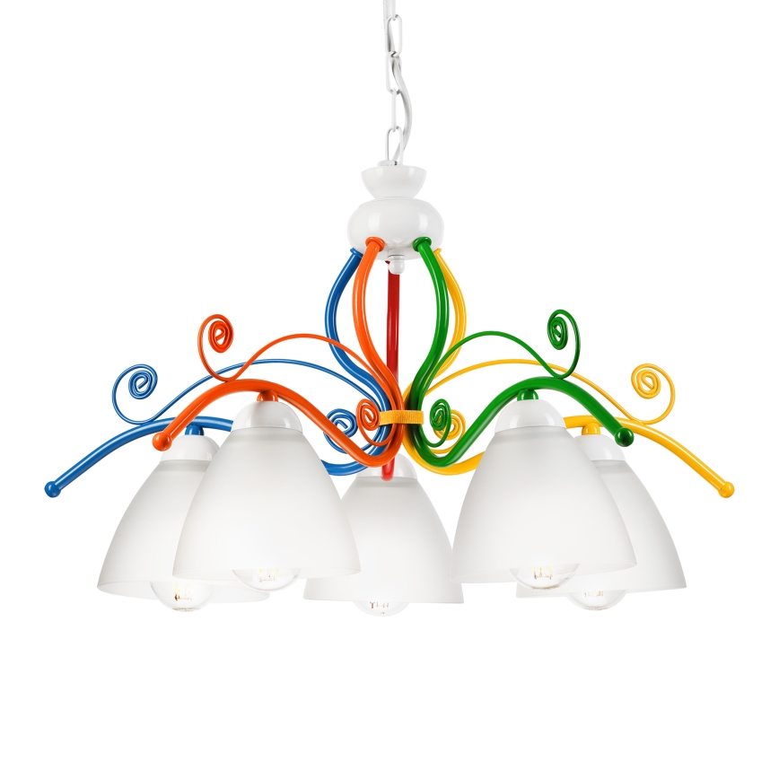 Ljuskrona på kedja RETRO 5xE27/60W/230V vit/färgrik