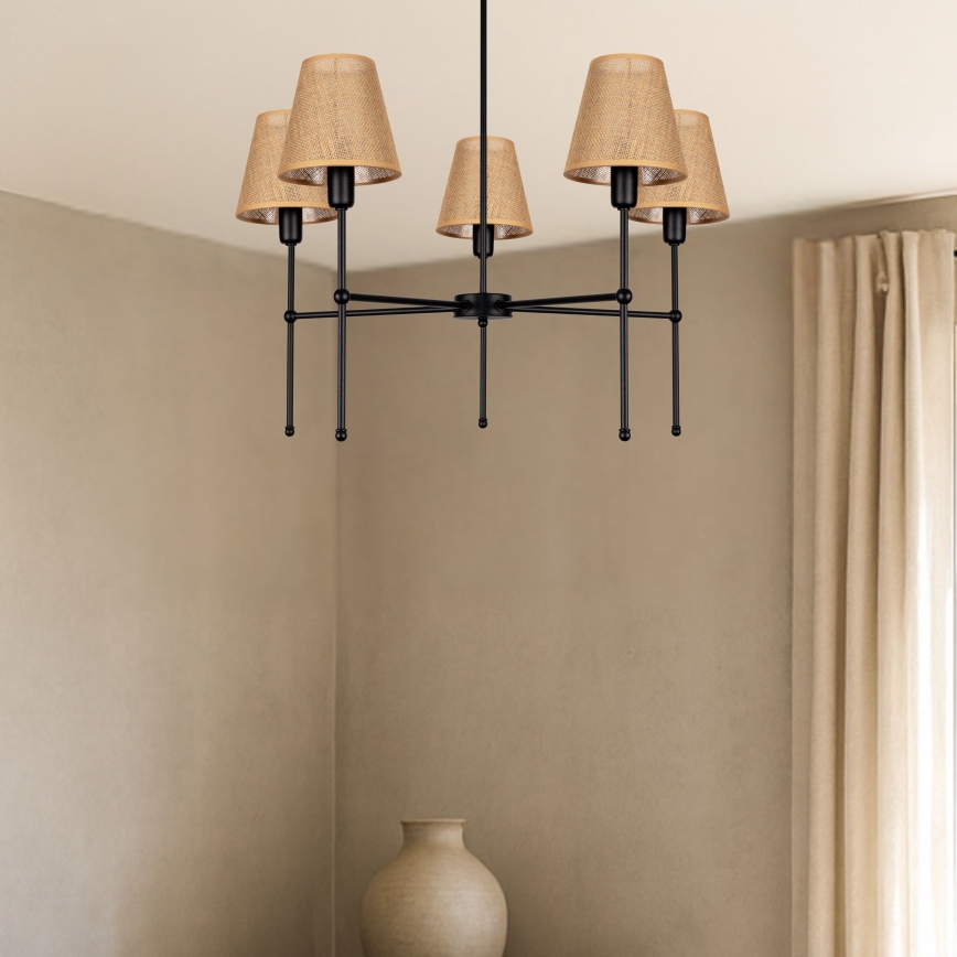 Ljuskrona på stång MADELA 5xE14/40W/230V jute/svart