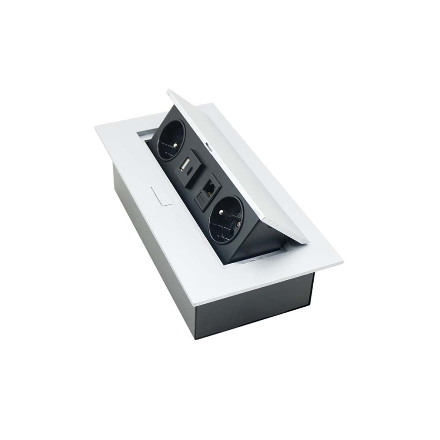 Lutande uttagsskena 2x 230V + USB-A 3,1A + USB-C 15,5W + RJ45 230V