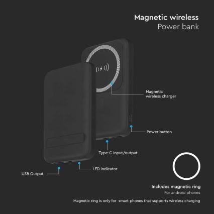 Magnetisk strömbank med trådlös laddning Power Delivery 10 000mAh/20W/3,7V svart