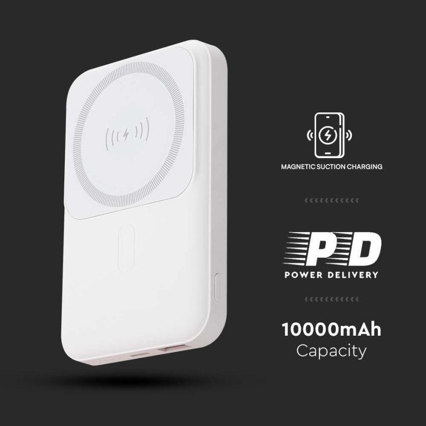 Magnetisk strömbank med trådlös laddning Power Delivery 10 000mAh/20W/3,7V vit