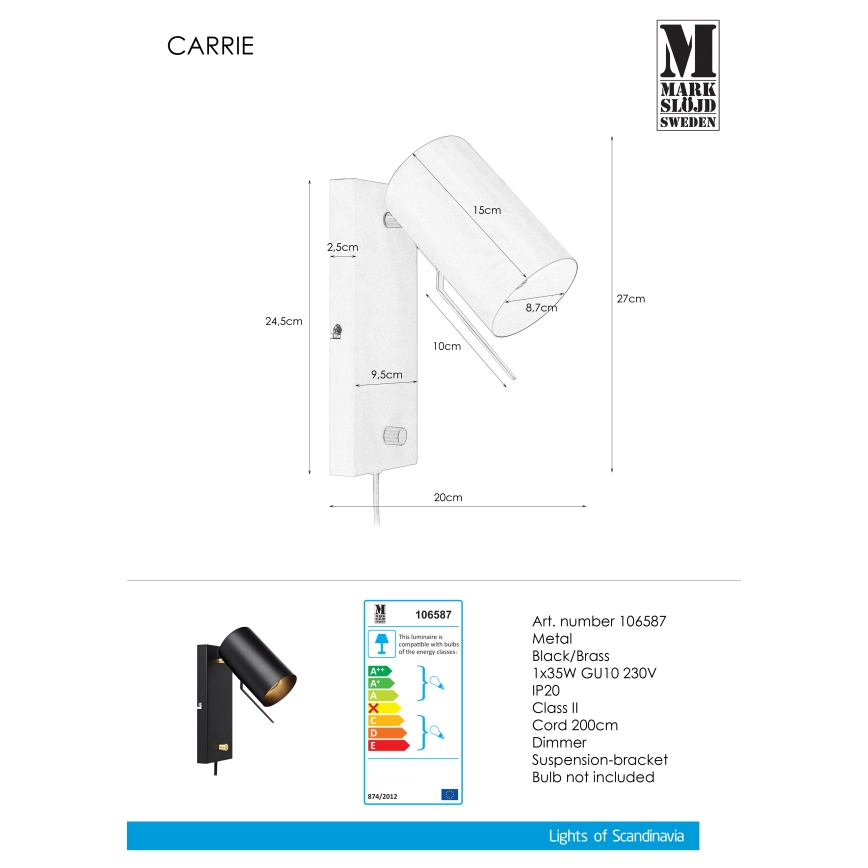 Markslöjd 106587 - Dimbar Väggbelysning CARRIE 1xGU10/35W/230V svart