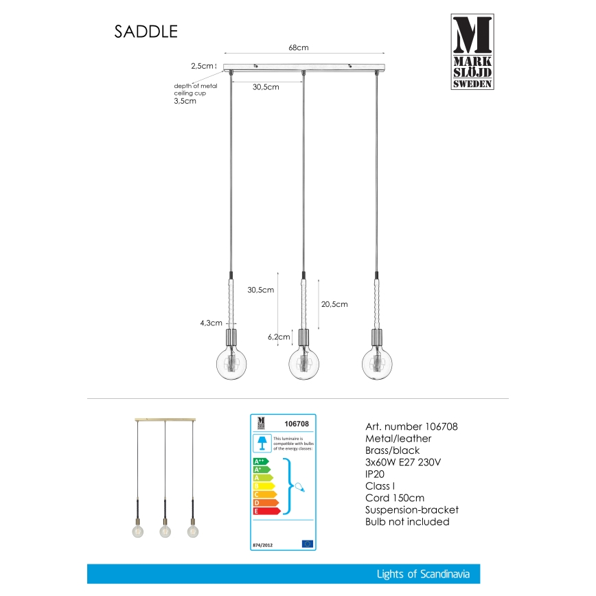 Markslöjd 106708 - Ljuskrona med snöre SEDLO 3xE27/60W/230V