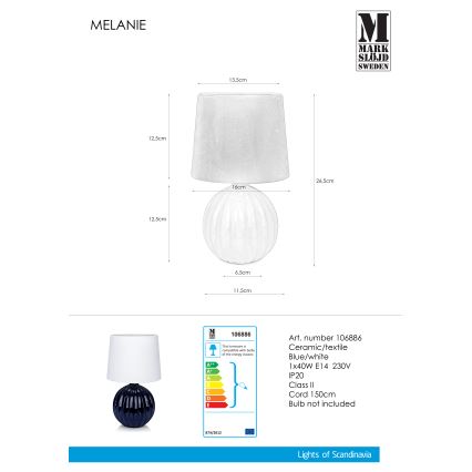 Markslöjd 106886 - Bordslampa MELANIE 1xE14/40W/230V vit/blå