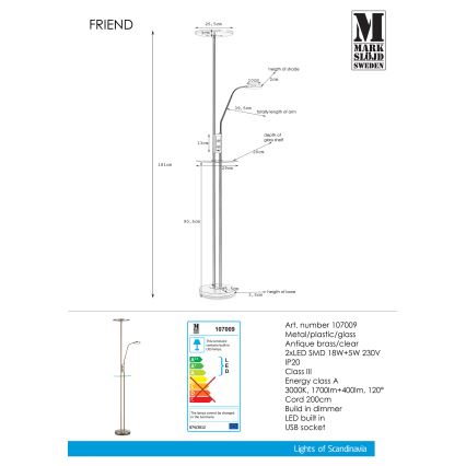 Markslöjd 107009 - LED Dimbar Golvlampa FRIEND LED/18W/230V + LED/5W