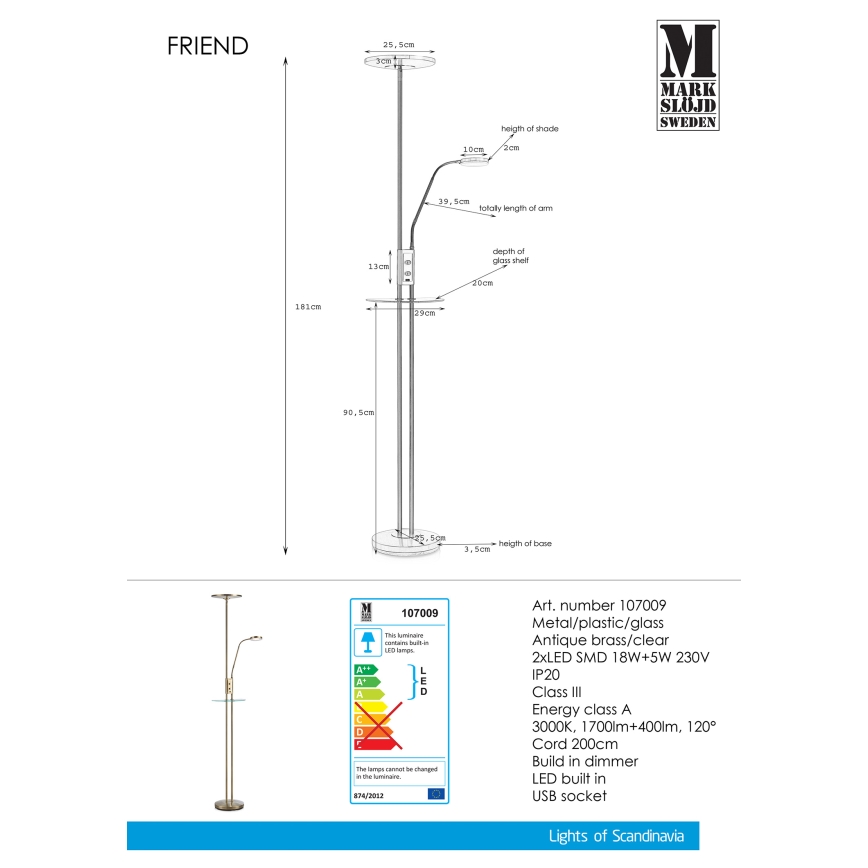 Markslöjd 107009 - LED Dimbar Golvlampa FRIEND LED/18W/230V + LED/5W