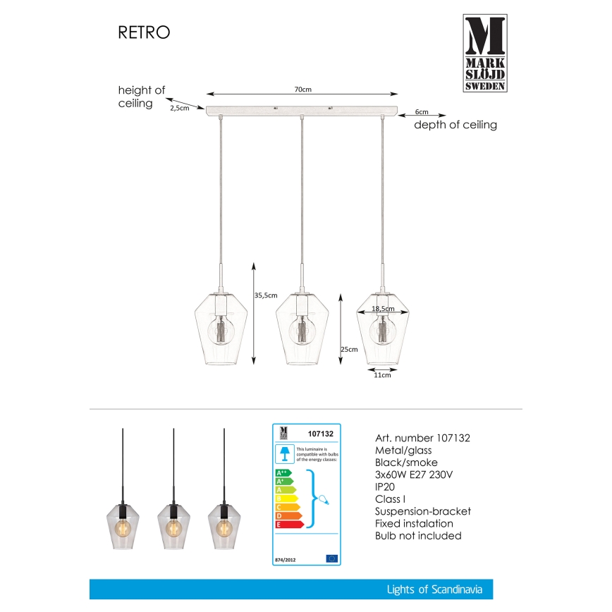 Markslöjd 107132 - Ljuskrona med snöre RETRO 3xE27/60W/230V