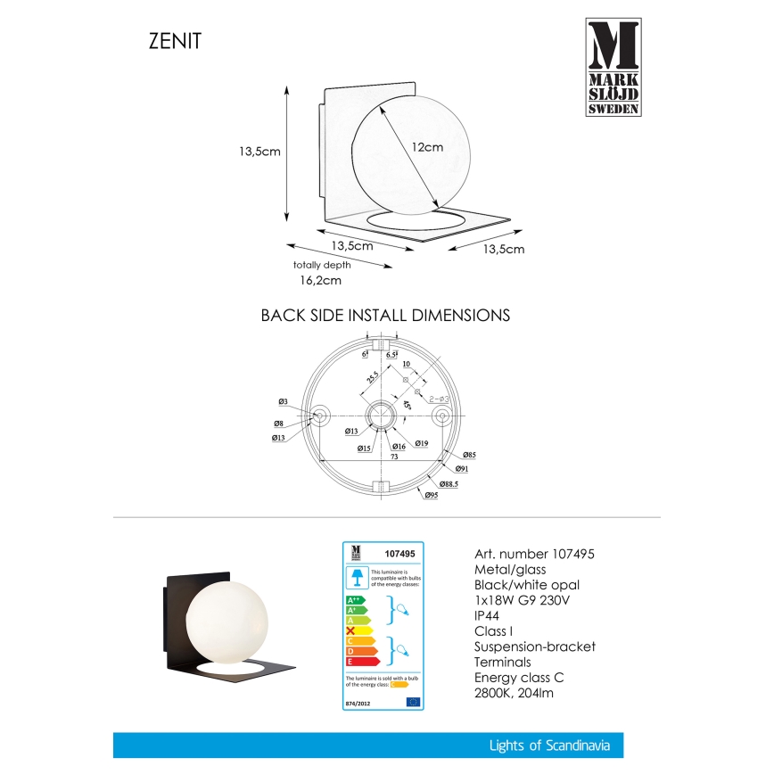Markslöjd 107495 - Badrumsbelysning vägg ZENIT 1xG9/18W/230V IP44