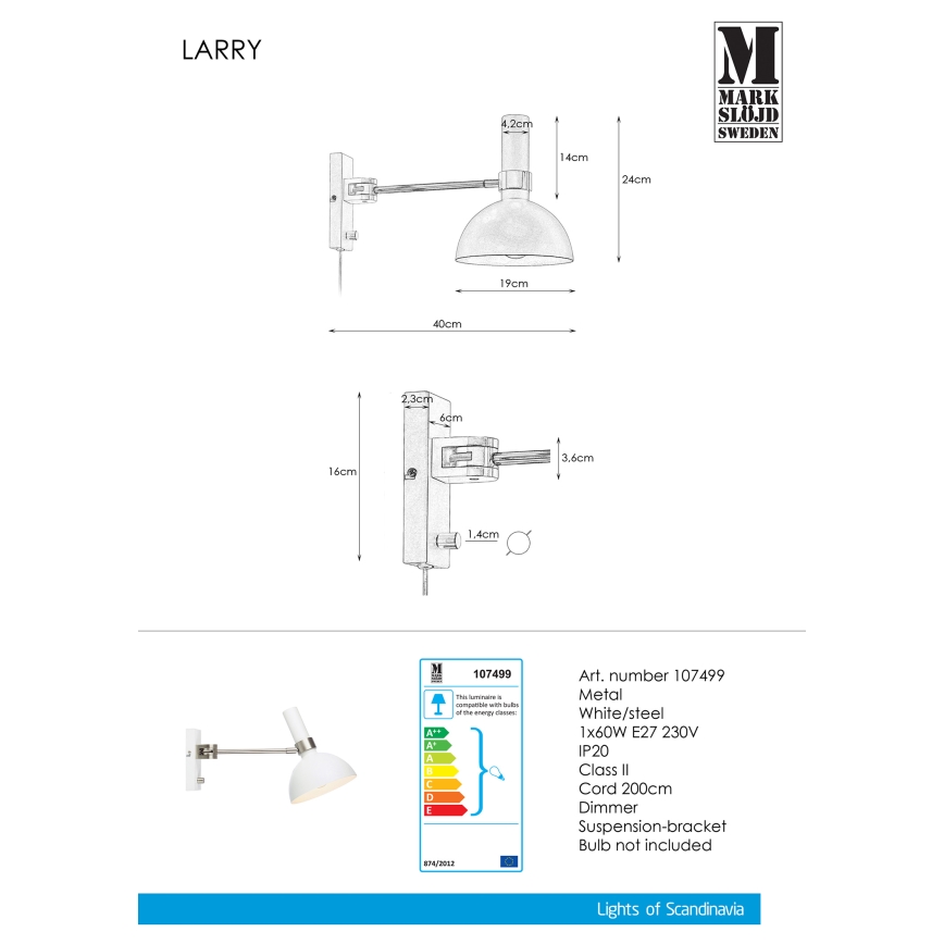 Markslöjd 107499 - Dimbart vägglampa LARRY 1xE27/60W/230V