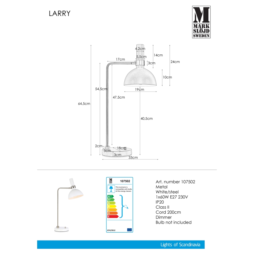 Markslöjd 107502 - Dimbar Bordslampa LARRY 1xE27/60W/230V