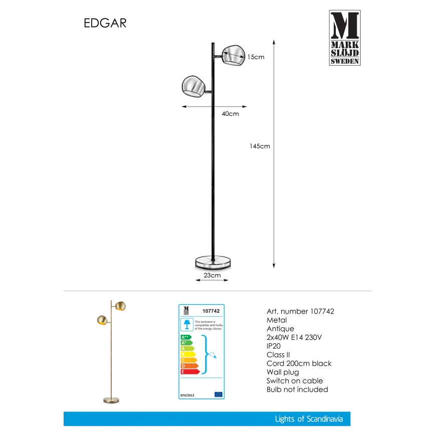 Markslöjd 107742 - Golvlampa EDGAR 2xE14/40W/230V