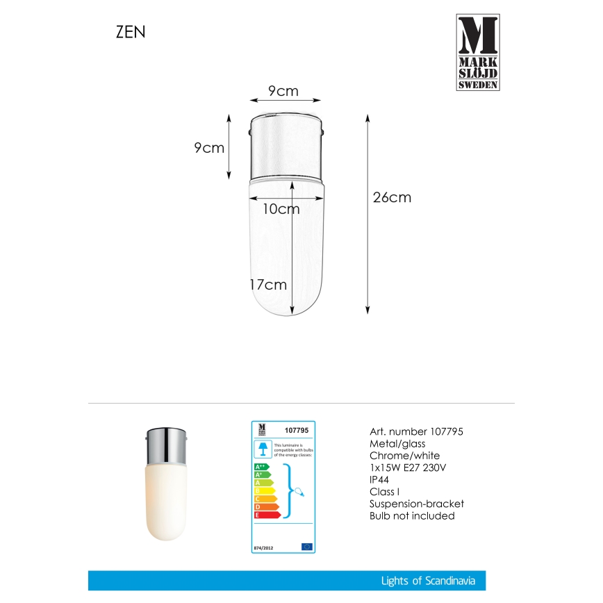 Markslöjd 107795 - Badrumsbelysning tak ZEN 1xE27/15W/230V IP44