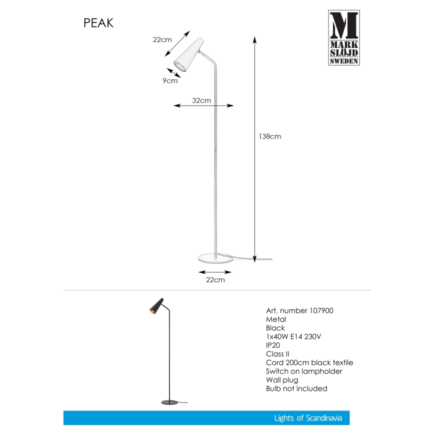 Markslöjd 107900 - Golvlampa PEAK 1xE14/40W/230V