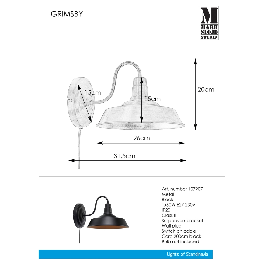 Markslöjd 107907 - Väggbelysning GRIMSBY 1xE27/60W/230V